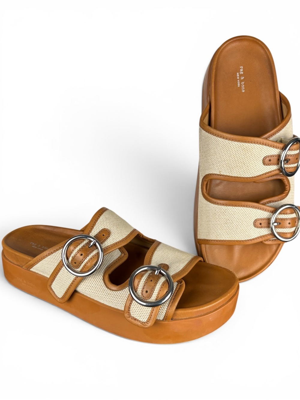 Rag & Bone Geo Buckle Platform Slide Sandals Tan Canvas Leather US 10 EU 41